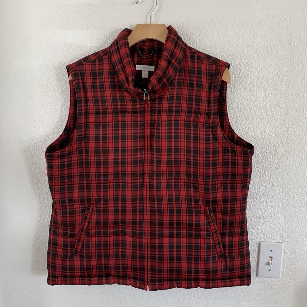 Charter‎ Club Red Black Plaid Puffer Vest XL Full Zip Padded Quilted